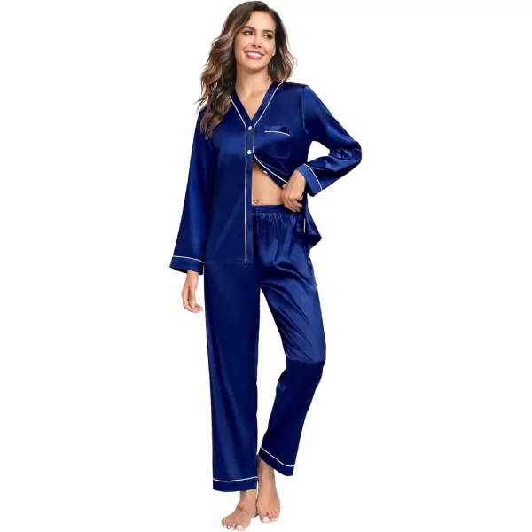 SWOMOG Couples Matching Pajamas Set Satin Long Sleeve Sleepwear Silk Button Down Nightwear Soft 2 Pieces LoungewearWomen Navy Blue