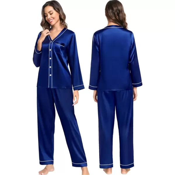 SWOMOG Couples Matching Pajamas Set Satin Long Sleeve Sleepwear Silk Button Down Nightwear Soft 2 Pieces LoungewearWomen Navy Blue