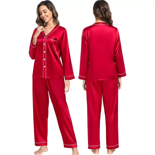 SWOMOG Couples Matching Pajamas Set Satin Long Sleeve Sleepwear Silk Button Down Nightwear Soft 2 Pieces LoungewearWomen Red