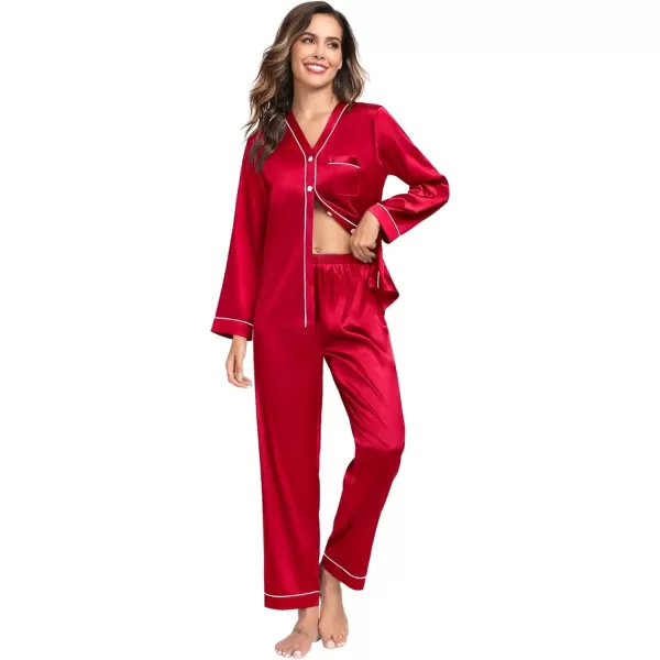 SWOMOG Couples Matching Pajamas Set Satin Long Sleeve Sleepwear Silk Button Down Nightwear Soft 2 Pieces LoungewearWomen Red