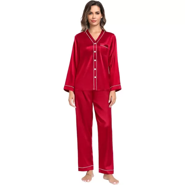 SWOMOG Couples Matching Pajamas Set Satin Long Sleeve Sleepwear Silk Button Down Nightwear Soft 2 Pieces LoungewearWomen Red