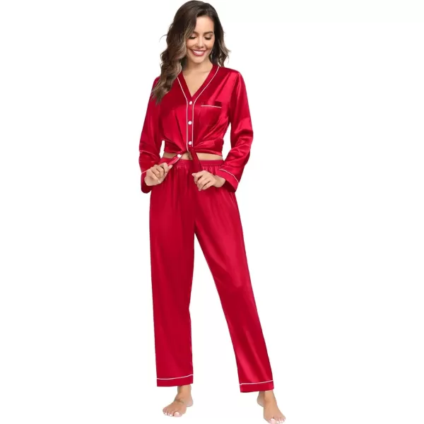 SWOMOG Couples Matching Pajamas Set Satin Long Sleeve Sleepwear Silk Button Down Nightwear Soft 2 Pieces LoungewearWomen Red