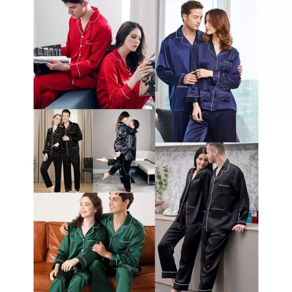 SWOMOG Couples Matching Pajamas Set Satin Long Sleeve Sleepwear Soft Button Down Pj Set Silk LoungewearMen Black