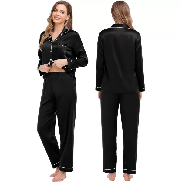 SWOMOG Couples Matching Pajamas Set Satin Long Sleeve Sleepwear Soft Button Down Pj Set Silk LoungewearMen Black