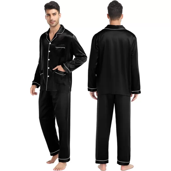 SWOMOG Couples Matching Pajamas Set Satin Long Sleeve Sleepwear Soft Button Down Pj Set Silk LoungewearMen Black