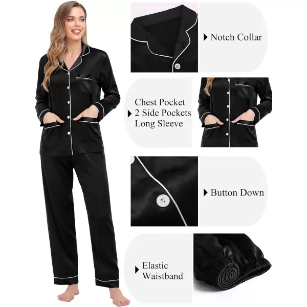 SWOMOG Couples Matching Pajamas Set Satin Long Sleeve Sleepwear Soft Button Down Pj Set Silk LoungewearMen Black