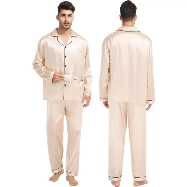 SWOMOG Couples Matching Pajamas Set Satin Long Sleeve Sleepwear Soft Button Down Pj Set Silk LoungewearMen Champagne