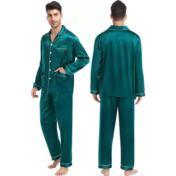 SWOMOG Couples Matching Pajamas Set Satin Long Sleeve Sleepwear Soft Button Down Pj Set Silk LoungewearMen Green