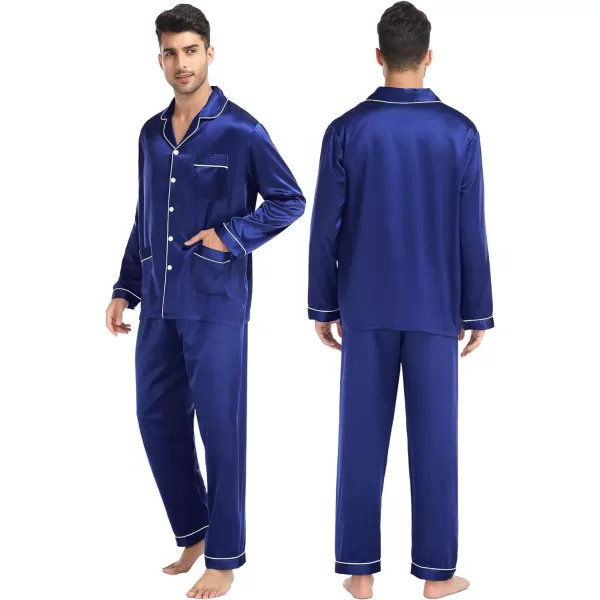 SWOMOG Couples Matching Pajamas Set Satin Long Sleeve Sleepwear Soft Button Down Pj Set Silk LoungewearMen Navy Blue