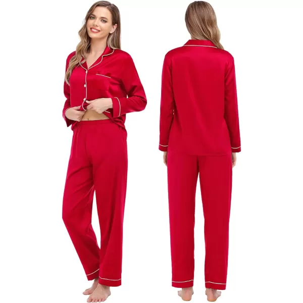 SWOMOG Couples Matching Pajamas Set Satin Long Sleeve Sleepwear Soft Button Down Pj Set Silk LoungewearMen Red