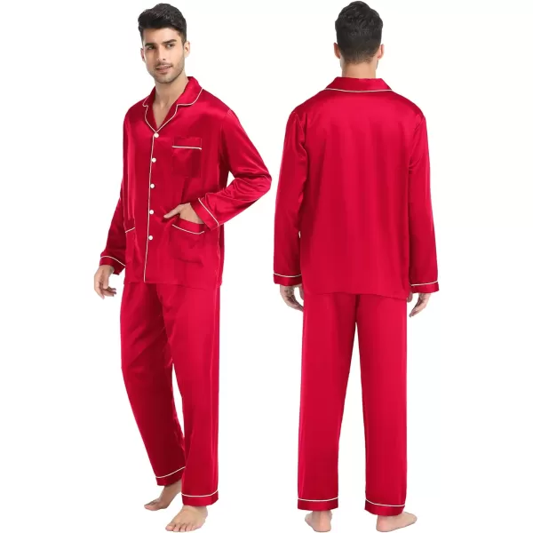 SWOMOG Couples Matching Pajamas Set Satin Long Sleeve Sleepwear Soft Button Down Pj Set Silk LoungewearMen Red