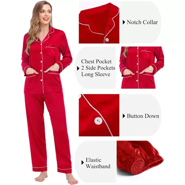 SWOMOG Couples Matching Pajamas Set Satin Long Sleeve Sleepwear Soft Button Down Pj Set Silk LoungewearMen Red