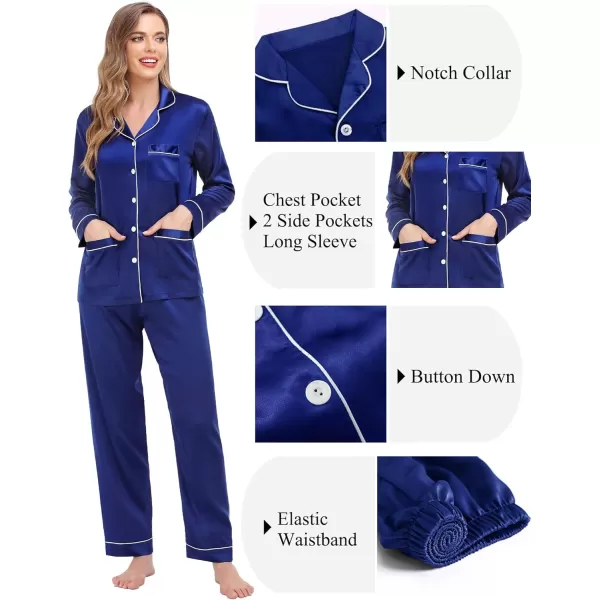SWOMOG Couples Matching Pajamas Set Satin Long Sleeve Sleepwear Soft Button Down Pj Set Silk LoungewearWomen Navy Blue