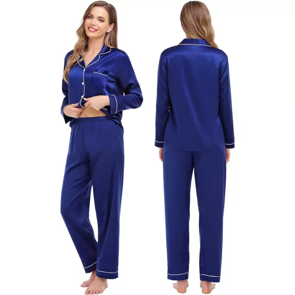 SWOMOG Couples Matching Pajamas Set Satin Long Sleeve Sleepwear Soft Button Down Pj Set Silk LoungewearWomen Navy Blue