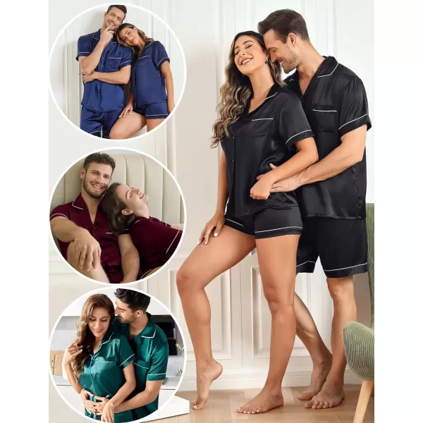 SWOMOG Couples Matching Pajamas Set Satin Short Sleeve Button Down Tops Silk Shorts Pj Lounge Set Soft SleepwearBlack