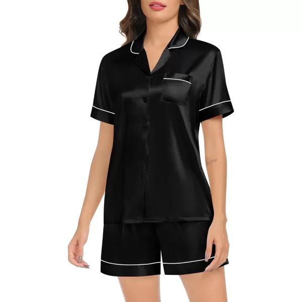 SWOMOG Couples Matching Pajamas Set Satin Short Sleeve Button Down Tops Silk Shorts Pj Lounge Set Soft SleepwearBlack