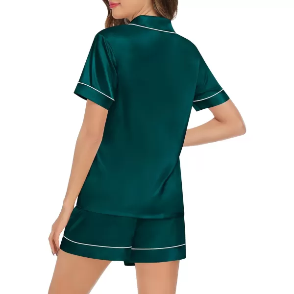 SWOMOG Couples Matching Pajamas Set Satin Short Sleeve Button Down Tops Silk Shorts Pj Lounge Set Soft SleepwearDark Green