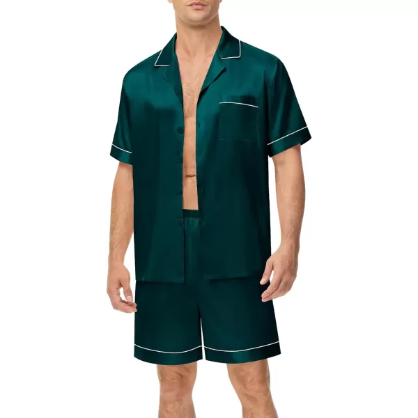 SWOMOG Couples Matching Pajamas Set Satin Short Sleeve Button Down Tops Silk Shorts Pj Lounge Set Soft SleepwearDark Green