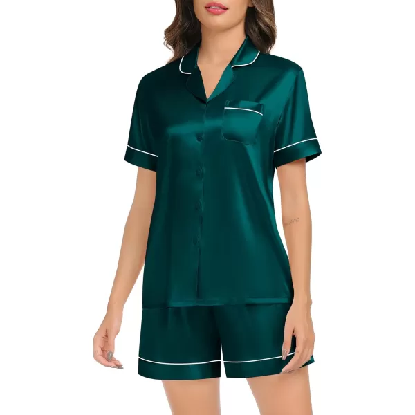 SWOMOG Couples Matching Pajamas Set Satin Short Sleeve Button Down Tops Silk Shorts Pj Lounge Set Soft SleepwearDark Green