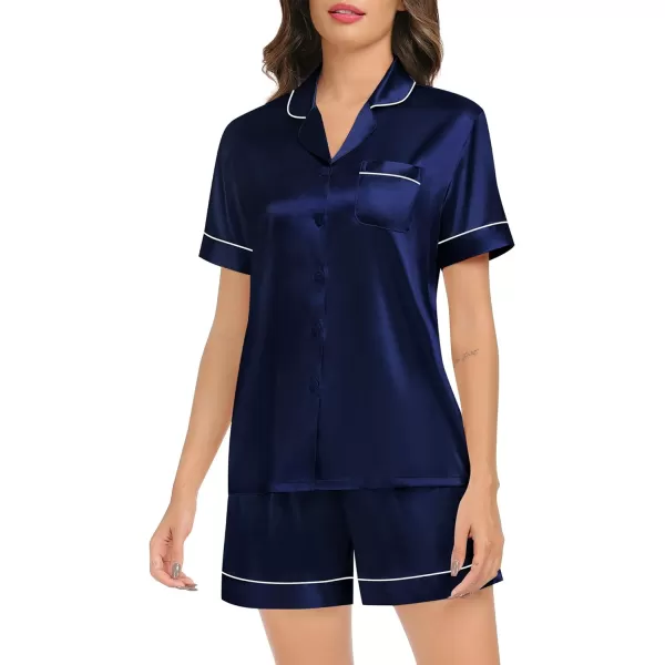 SWOMOG Couples Matching Pajamas Set Satin Short Sleeve Button Down Tops Silk Shorts Pj Lounge Set Soft SleepwearDark Navy Blue