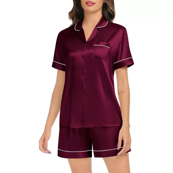 SWOMOG Couples Matching Pajamas Set Satin Short Sleeve Button Down Tops Silk Shorts Pj Lounge Set Soft SleepwearDark Wine Red