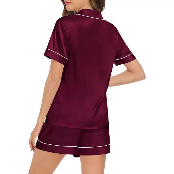 SWOMOG Couples Matching Pajamas Set Satin Short Sleeve Button Down Tops Silk Shorts Pj Lounge Set Soft SleepwearDark Wine Red