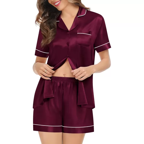 SWOMOG Couples Matching Pajamas Set Satin Short Sleeve Button Down Tops Silk Shorts Pj Lounge Set Soft SleepwearDark Wine Red