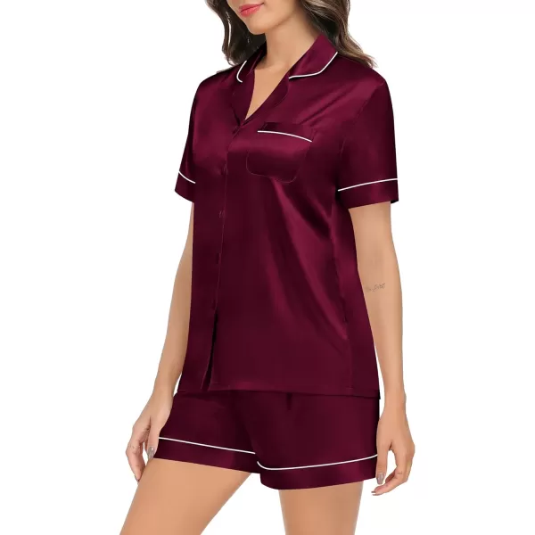 SWOMOG Couples Matching Pajamas Set Satin Short Sleeve Button Down Tops Silk Shorts Pj Lounge Set Soft SleepwearDark Wine Red