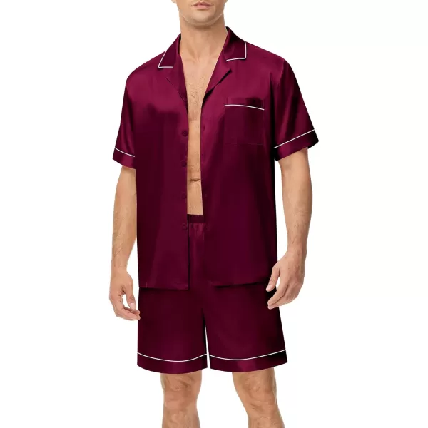 SWOMOG Couples Matching Pajamas Set Satin Short Sleeve Button Down Tops Silk Shorts Pj Lounge Set Soft SleepwearDark Wine Red