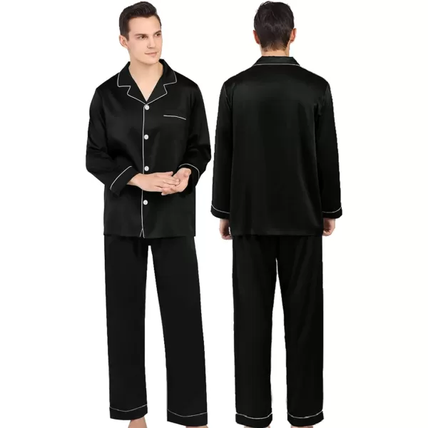 SWOMOG Couples Matching Pajamas Set Silk Satin Long Sleeve Sleepwear Soft Button Down Loungewear Pj SetMen Black