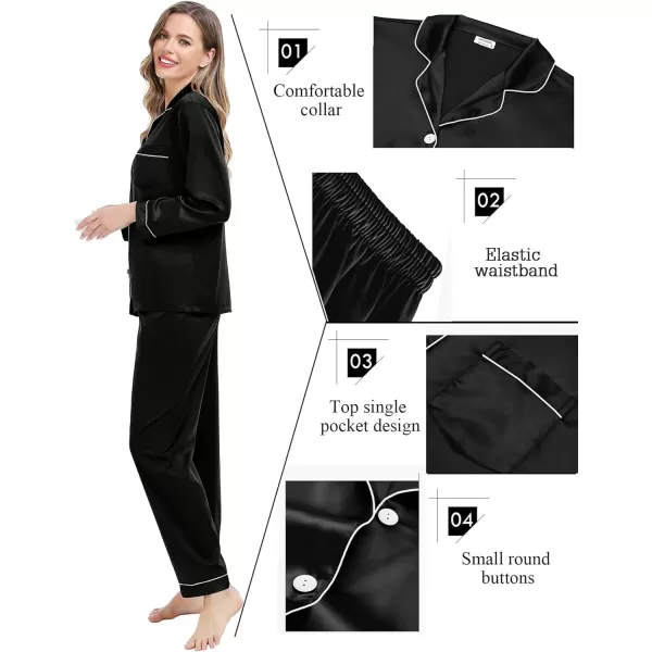 SWOMOG Couples Matching Pajamas Set Silk Satin Long Sleeve Sleepwear Soft Button Down Loungewear Pj SetMen Black