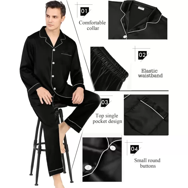 SWOMOG Couples Matching Pajamas Set Silk Satin Long Sleeve Sleepwear Soft Button Down Loungewear Pj SetMen Black