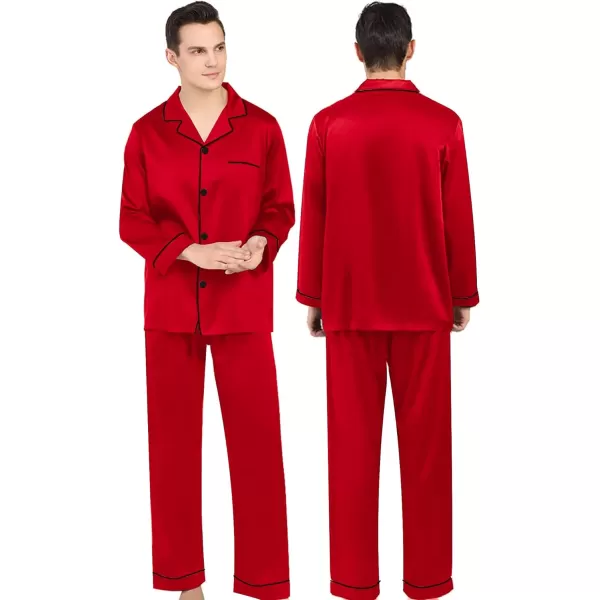 SWOMOG Couples Matching Pajamas Set Silk Satin Long Sleeve Sleepwear Soft Button Down Loungewear Pj SetMen Candy Red