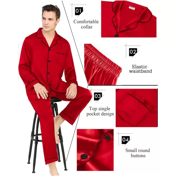 SWOMOG Couples Matching Pajamas Set Silk Satin Long Sleeve Sleepwear Soft Button Down Loungewear Pj SetMen Candy Red