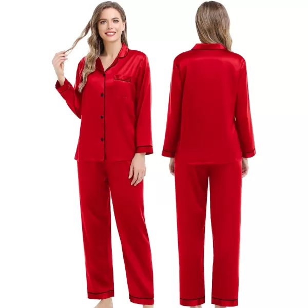 SWOMOG Couples Matching Pajamas Set Silk Satin Long Sleeve Sleepwear Soft Button Down Loungewear Pj SetMen Candy Red