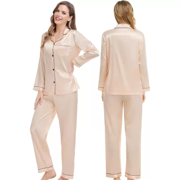 SWOMOG Couples Matching Pajamas Set Silk Satin Long Sleeve Sleepwear Soft Button Down Loungewear Pj SetMen Champagne