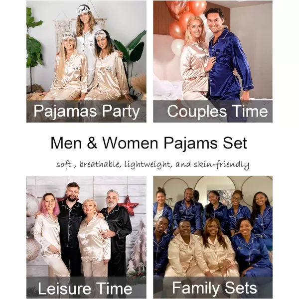 SWOMOG Couples Matching Pajamas Set Silk Satin Long Sleeve Sleepwear Soft Button Down Loungewear Pj SetMen Champagne