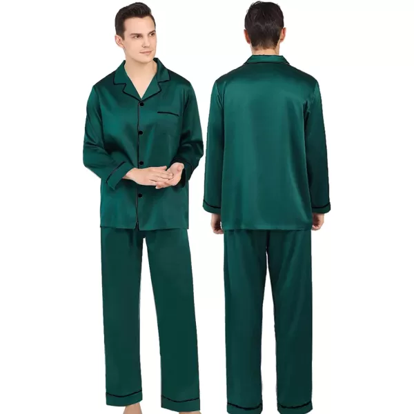 SWOMOG Couples Matching Pajamas Set Silk Satin Long Sleeve Sleepwear Soft Button Down Loungewear Pj SetMen Deep Green