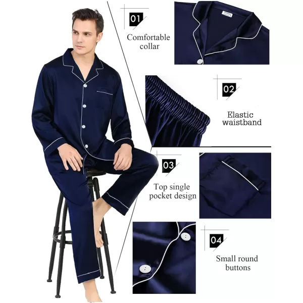 SWOMOG Couples Matching Pajamas Set Silk Satin Long Sleeve Sleepwear Soft Button Down Loungewear Pj SetMen Deep Navy Blue