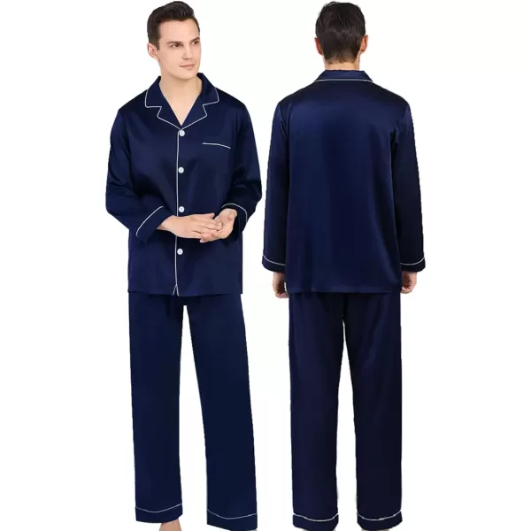 SWOMOG Couples Matching Pajamas Set Silk Satin Long Sleeve Sleepwear Soft Button Down Loungewear Pj SetMen Deep Navy Blue