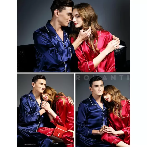 SWOMOG Couples Matching Pajamas Set Silk Satin Long Sleeve Sleepwear Soft Button Down Loungewear Pj SetMen Deep Navy Blue