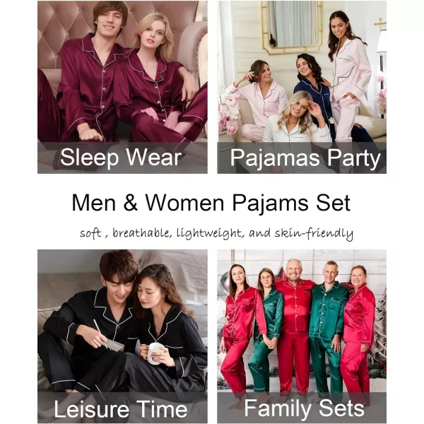 SWOMOG Couples Matching Pajamas Set Silk Satin Long Sleeve Sleepwear Soft Button Down Loungewear Pj SetMen Deep Wine Red