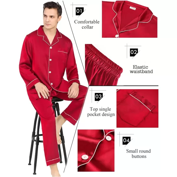 SWOMOG Couples Matching Pajamas Set Silk Satin Long Sleeve Sleepwear Soft Button Down Loungewear Pj SetMen Red