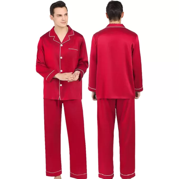 SWOMOG Couples Matching Pajamas Set Silk Satin Long Sleeve Sleepwear Soft Button Down Loungewear Pj SetMen Red