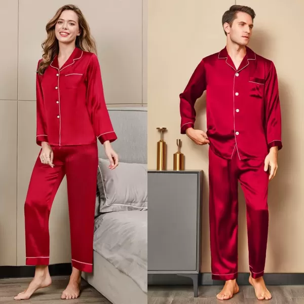 SWOMOG Couples Matching Pajamas Set Silk Satin Long Sleeve Sleepwear Soft Button Down Loungewear Pj SetMen Red