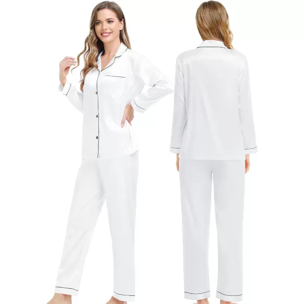 SWOMOG Couples Matching Pajamas Set Silk Satin Long Sleeve Sleepwear Soft Button Down Loungewear Pj SetMen White