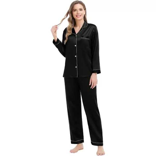 SWOMOG Couples Matching Pajamas Set Silk Satin Long Sleeve Sleepwear Soft Button Down Loungewear Pj SetWomen Black