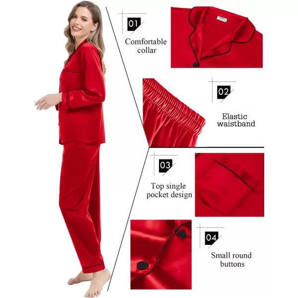 SWOMOG Couples Matching Pajamas Set Silk Satin Long Sleeve Sleepwear Soft Button Down Loungewear Pj SetWomen Candy Red