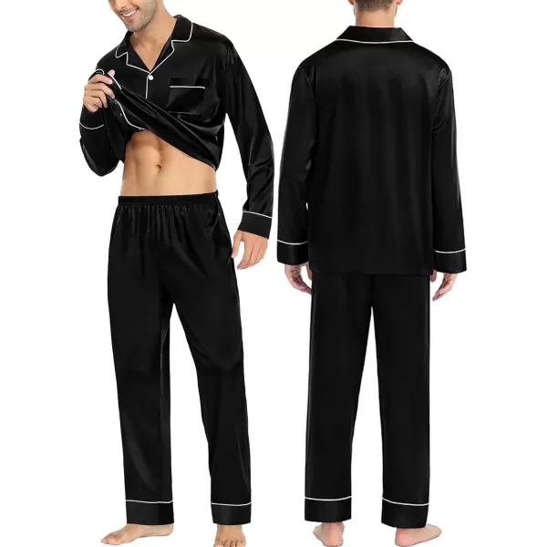 SWOMOG Couples Matching Pajamas Sets Silk Satin Long Sleeve Button Down Sleepwear 2 Pieces Classic LoungewearMen Black