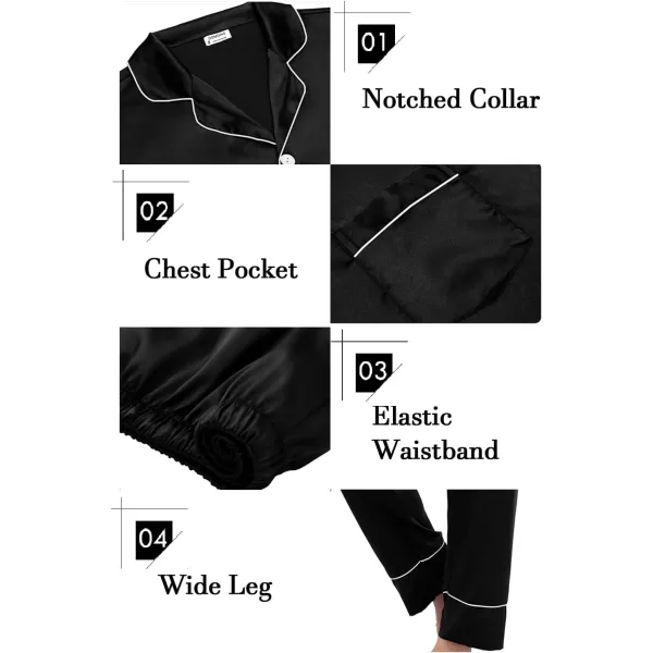 SWOMOG Couples Matching Pajamas Sets Silk Satin Long Sleeve Button Down Sleepwear 2 Pieces Classic LoungewearMen Black